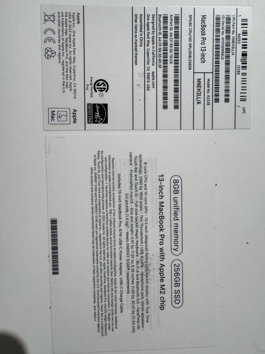 Apple Macbook Pro 13in.  M2 3.49 GHz  256GB SSD 6S96