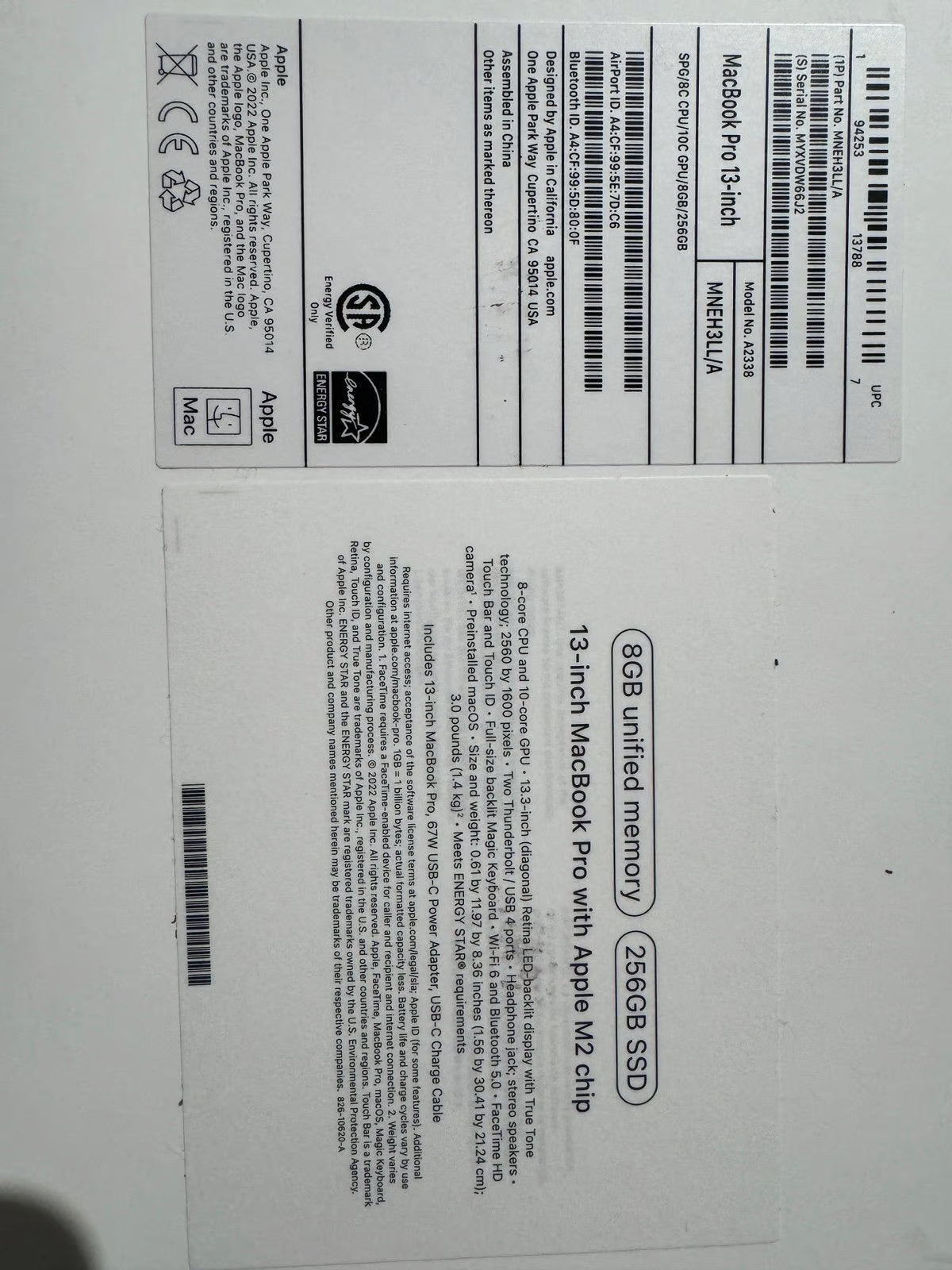 Apple Macbook Pro 13in.  M2 3.49 GHz  256GB SSD 6S96