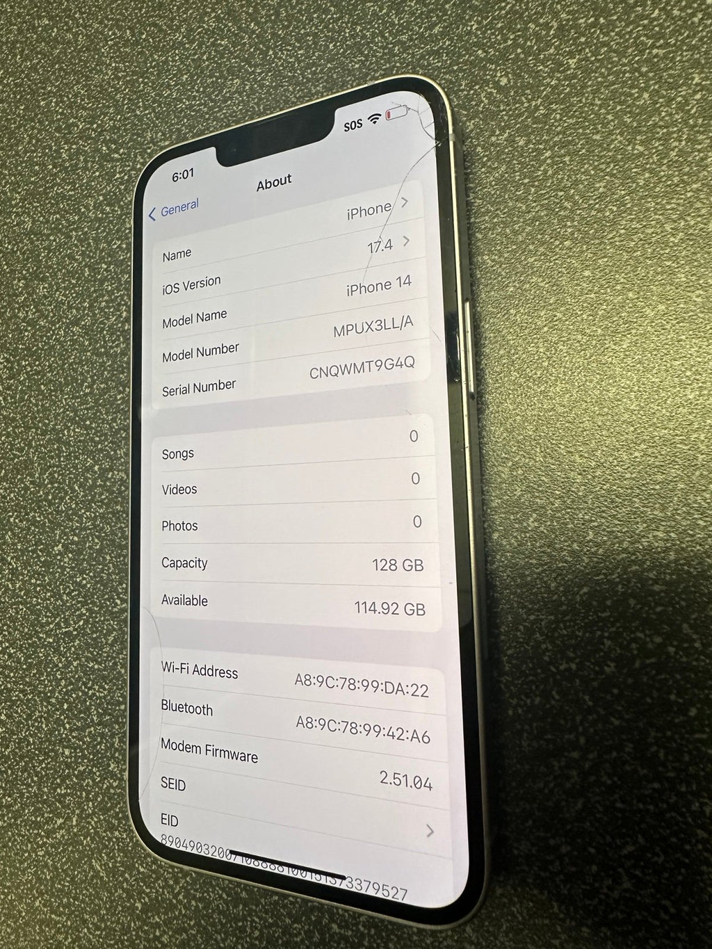 Apple iPhone 14 - 128GB Purple (T-Mobile ONLY SIM Locked) - 100% Battery Health 2D53