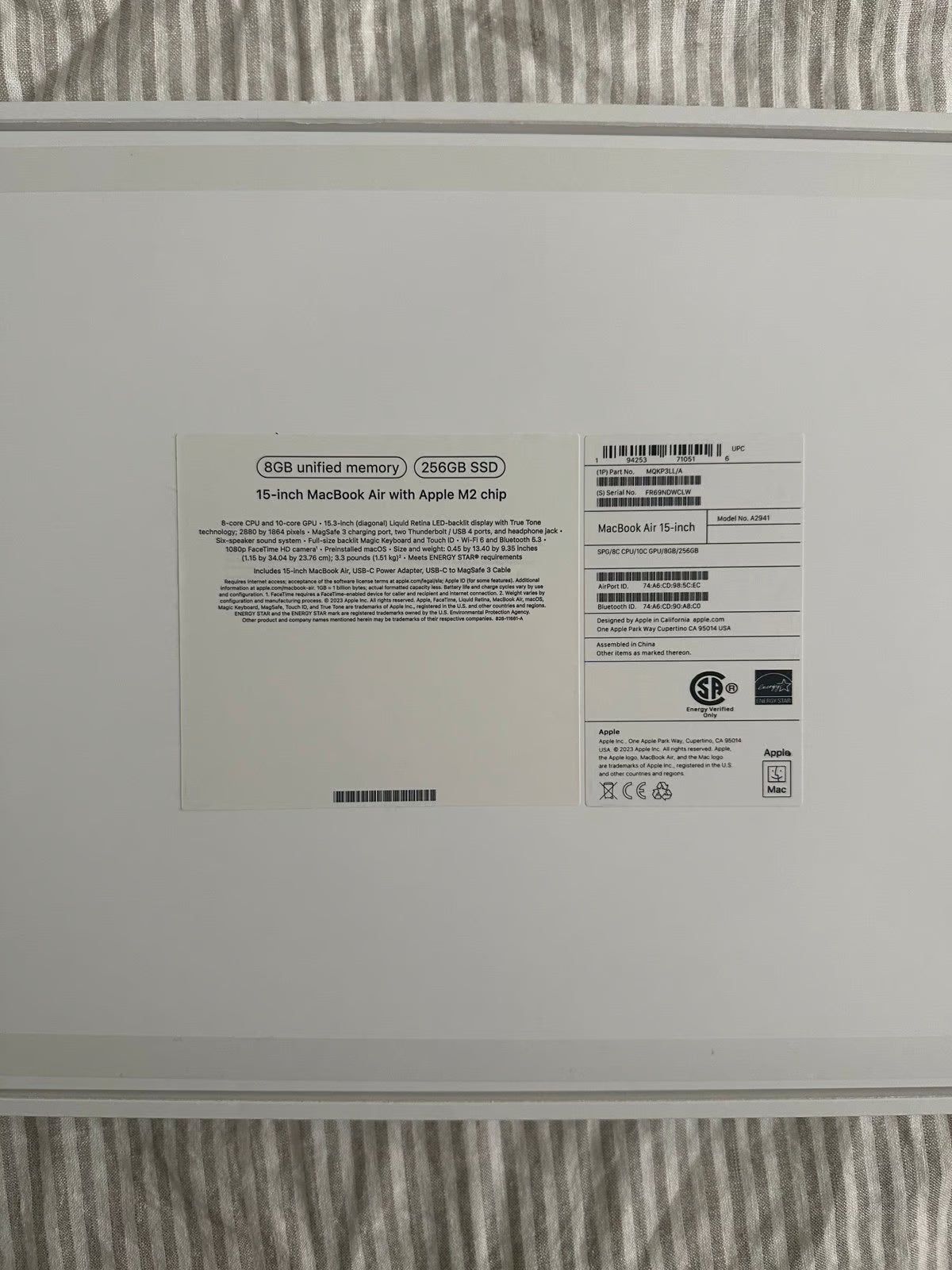 Apple Macbook Air 2023 15in.  M2  256GB SSD 8GB Memory 5G53