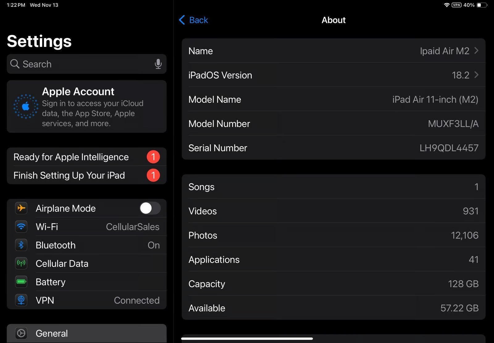 Apple iPad Air M2 128GB WiFi+Cellular 2Q31