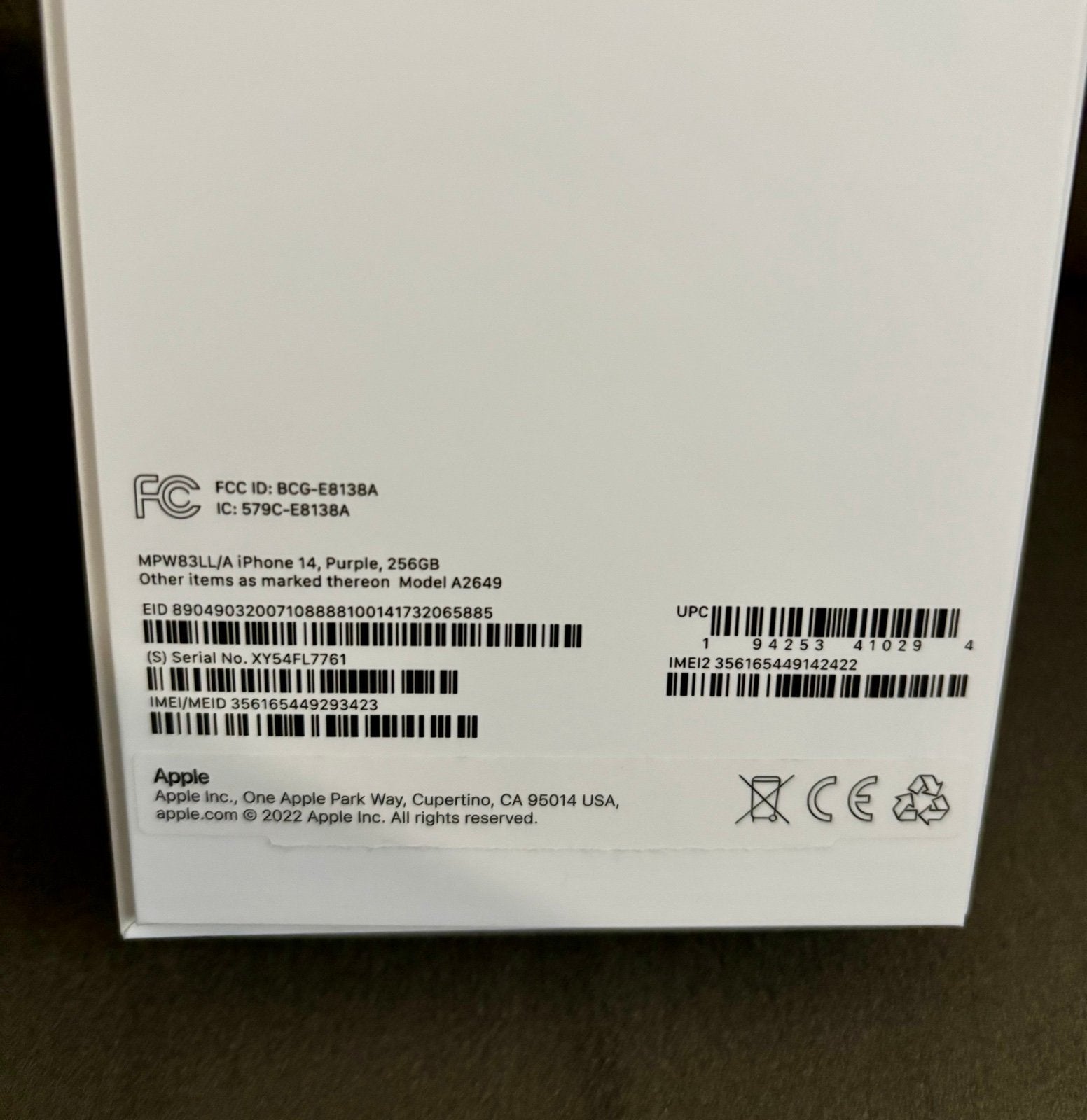 iPhone 14 unlocked 256GB Purple 2W52