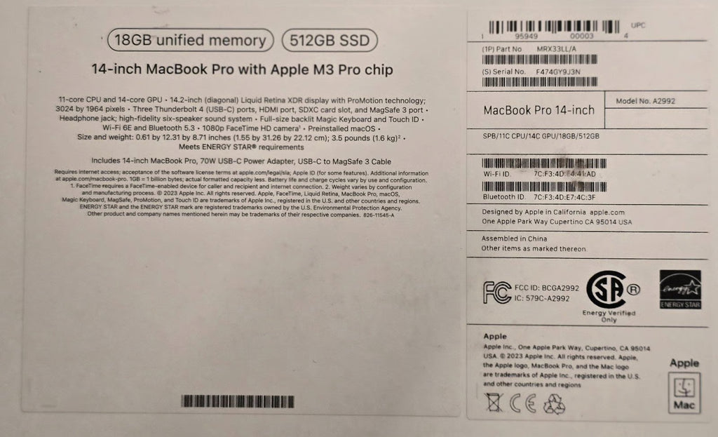 Macbook pro m3 pro chip 14"" 18 gb ram 8R51