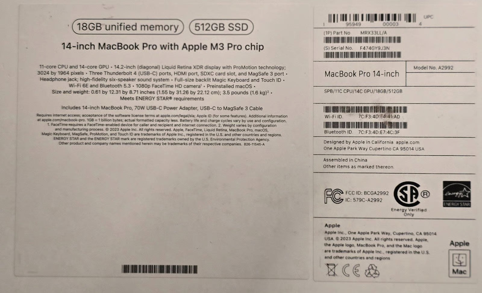 Macbook pro m3 pro chip 14"" 18 gb ram 8R51