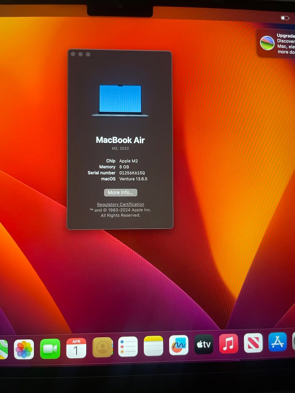 Apple Macbook Air 13.6"" 2022 M2 Chip 8GB RAM 256GB SSD Midnight 6M52