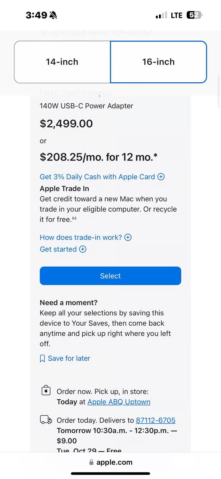 Apple MacBook Pro 16'' Apple M3 Pro 512GB SSD 18GB RAM Laptop - Black MRW13LL/A 2D22