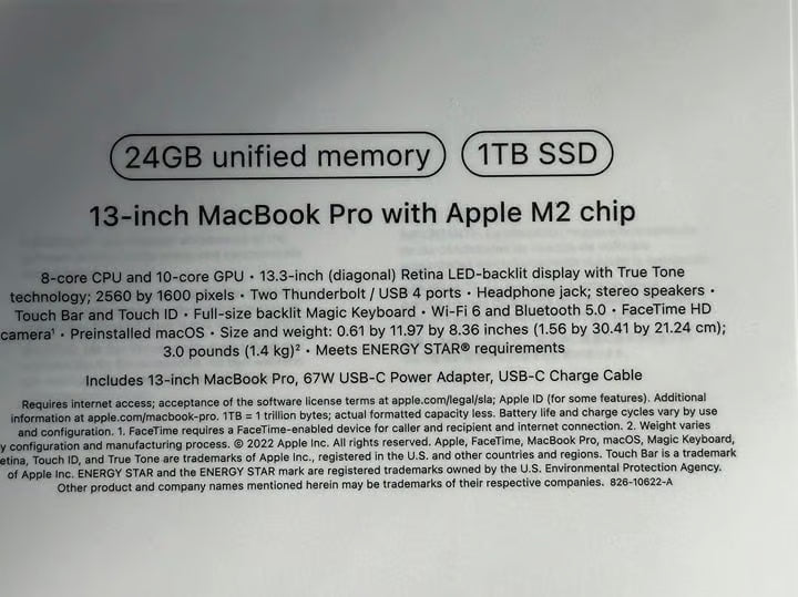 MacBook Pro M2  1TB SSD 24GB Memory 13""Laptop Latest Model- Space Gray 2D13