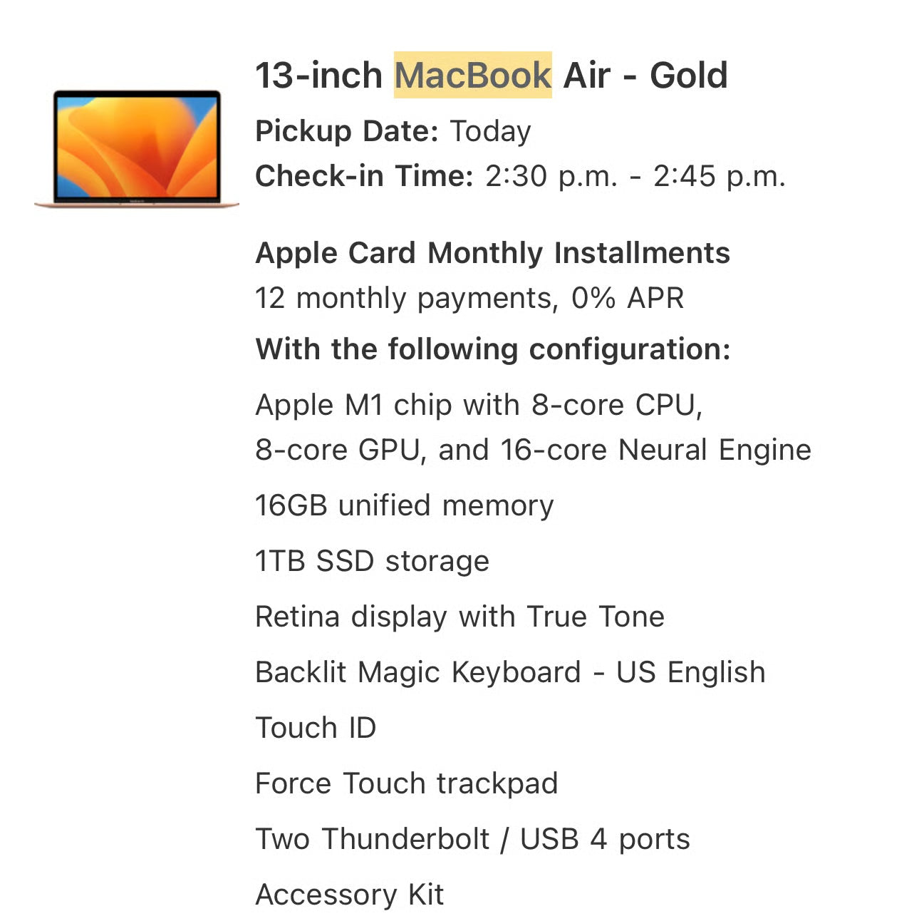 MacBook Air Rose Gold M1 16gb Ram 1TB storage 1S67