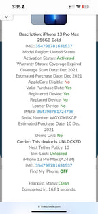 iPhone 13 Pro Max 256GB Gold UNLOCKED CLEAN IMEI 7K98