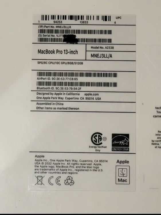 Brand NIB MacBook Pro 13inch M2 Apple Chip New Sealed Space Gray AppleCare 9P13