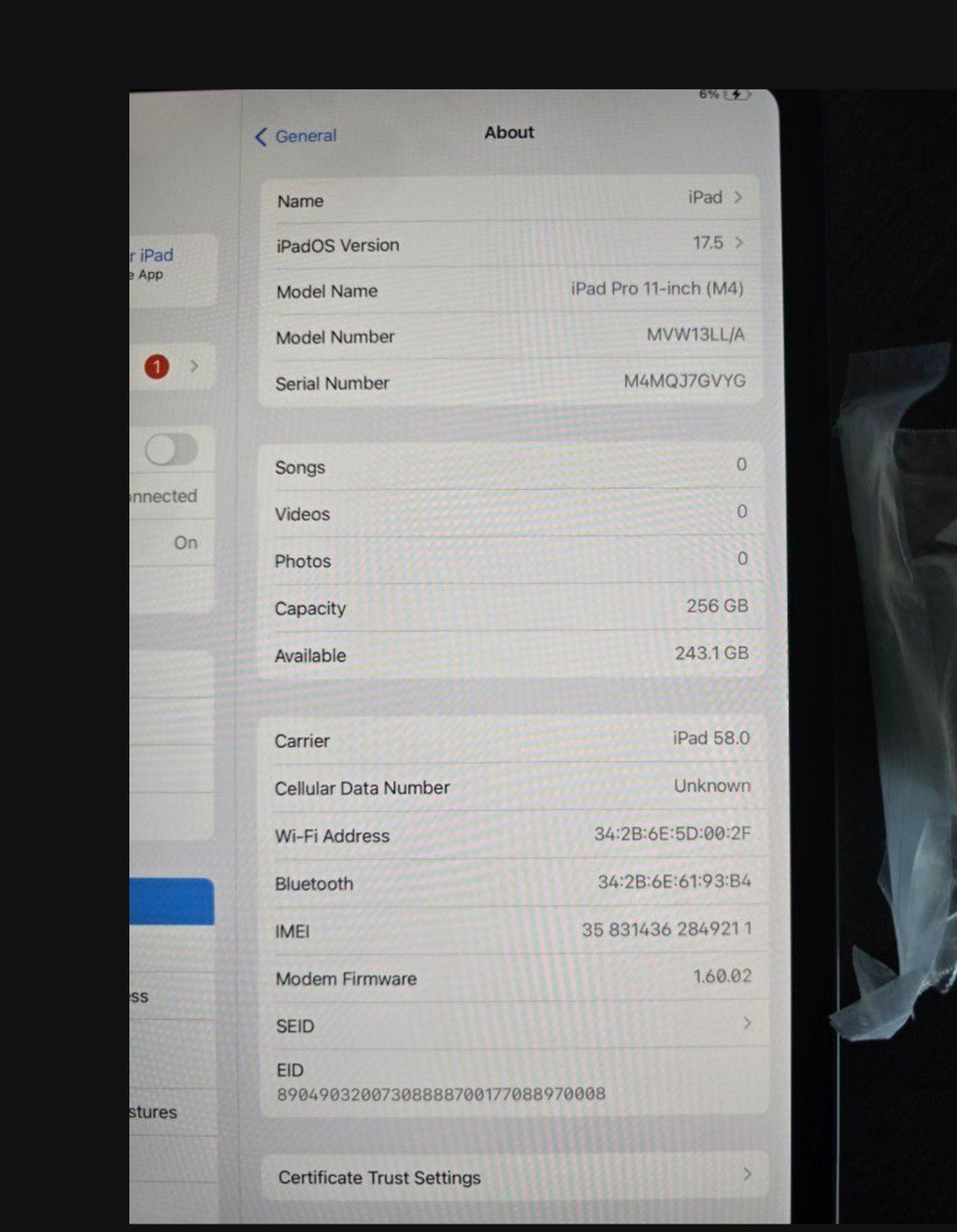 iPad Pro M4 11in Cellular edition 256gb 8F78