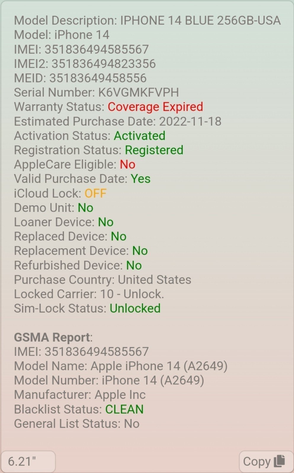 Apple iPhone 14 256 GB in Blue for Unlocked 7A68