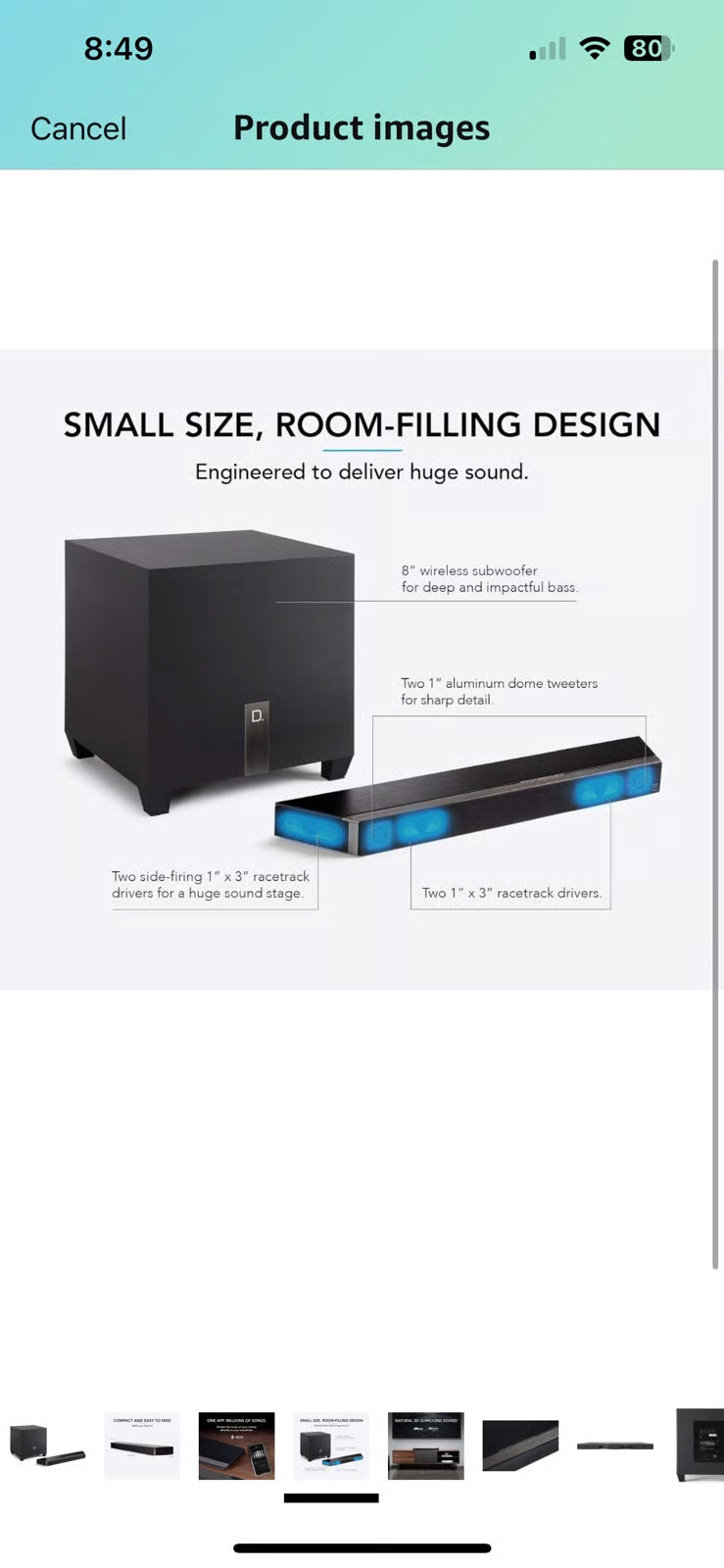 Definitive Technology Studio 3D Mini Sound Bar with 6 Speakers and an 8" Wireles