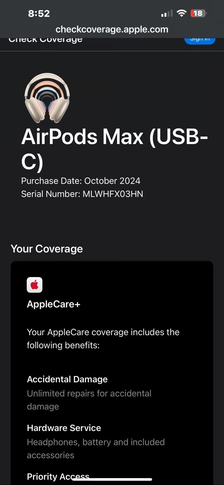 AirPods Max starlight (Apple care) 8Q65