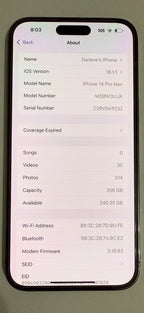 Pristine Unlocked Apple iPhone 14 Pro Max 256gb Purple & Cases 5M19