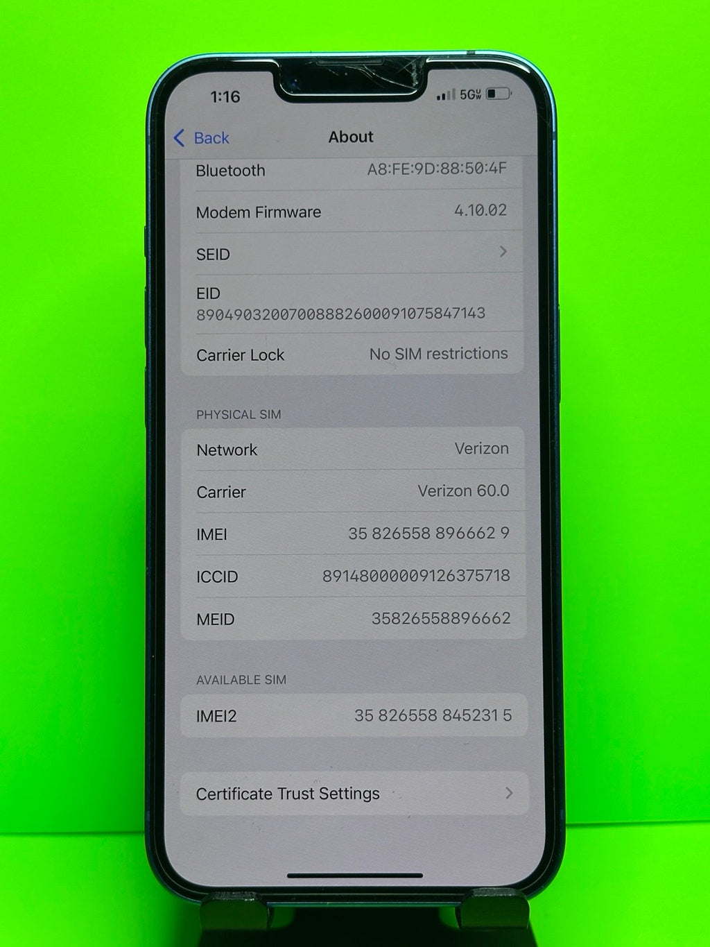 iPhone 13 in Blue 512gb Unlocked for Any Carrier 100% Battery Capacity 9T78