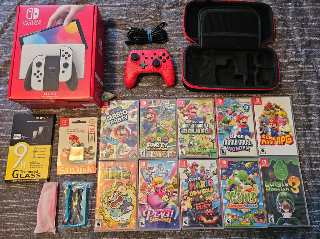 BRAND NEW OLED SWITCH MARIO RPG/9 MORE UNOPENED NEW GAMES/NEW 128GB SD 9K28
