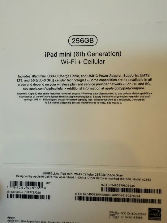 iPad mini Wi-Fi + Cellular 256GB - Space Gray 7U85