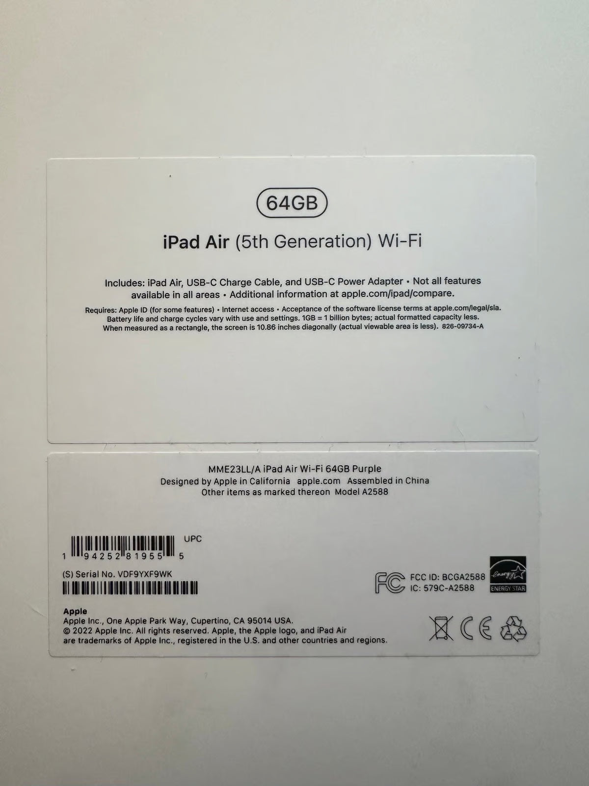 Apple iPad Air 5th Generation 64 GB in Purple *Wifi 3B65