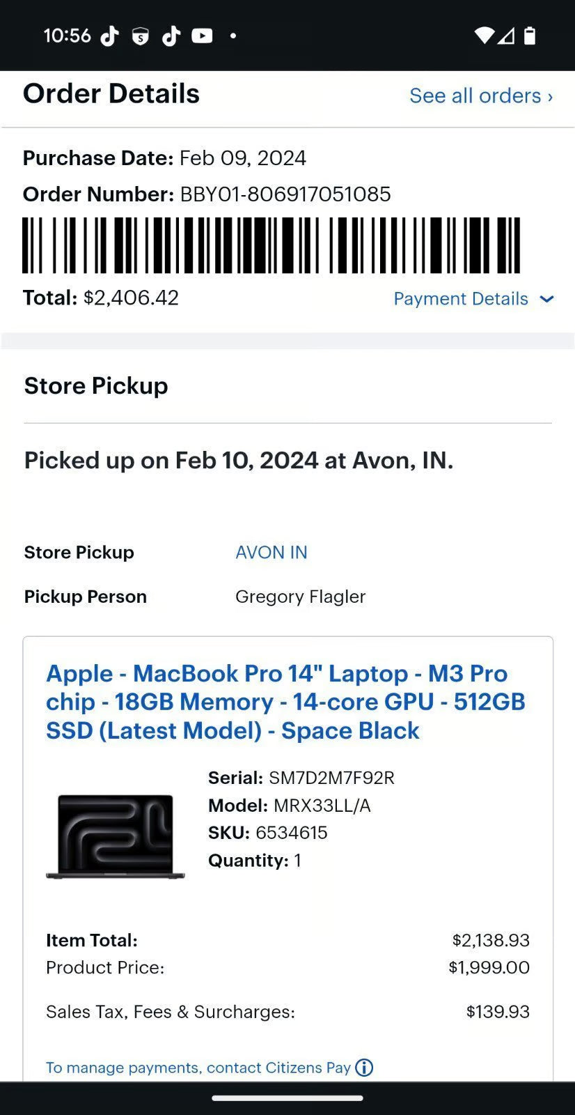 MacBook Pro 14 M3 18GB Ram 14 Core CPU 512GB Space Gray 9Q72