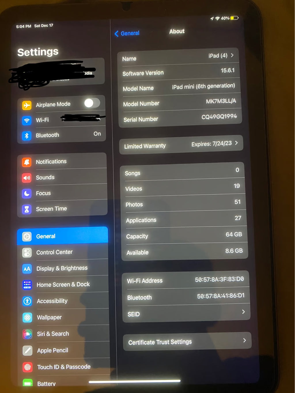 Apple iPad Mini 6th Generation 64 GB in Black 1E68