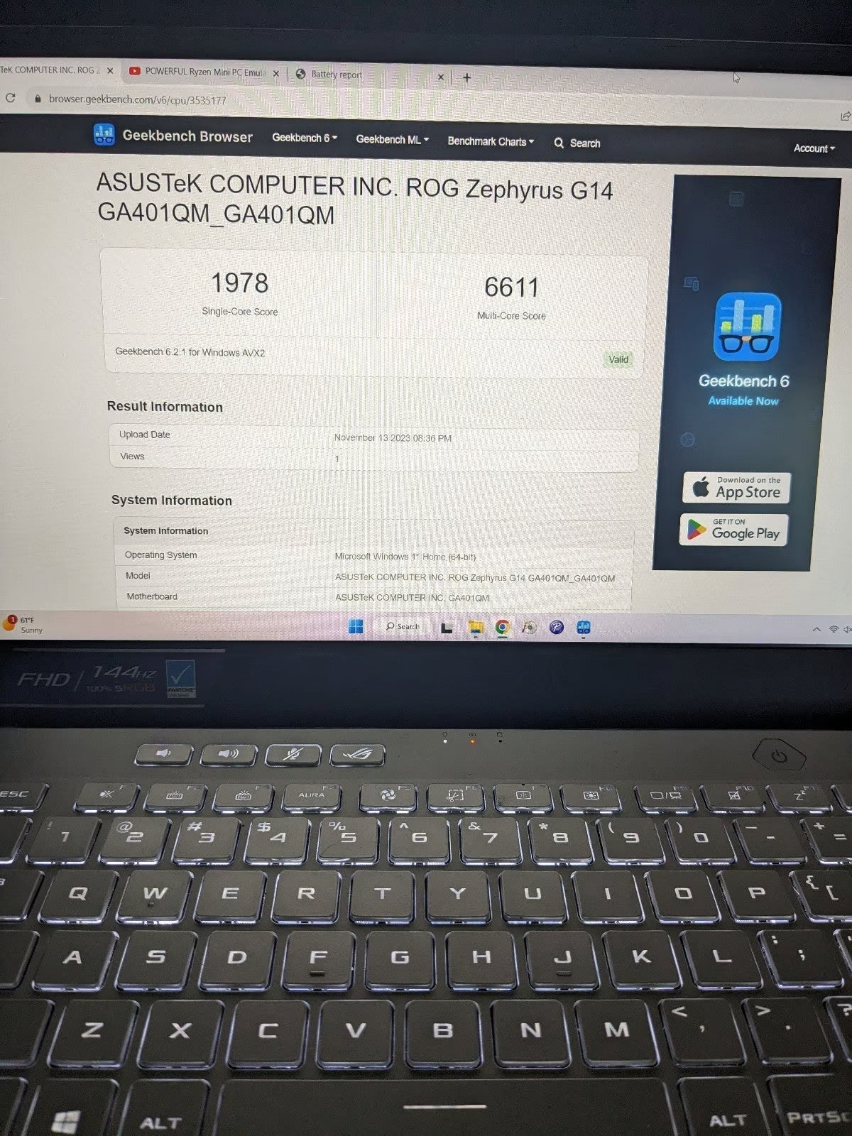 ASUS ROG Zephyrus 14"" 144Hz Gaming Laptop Ryzen9 5900HS 16GB 1TB RTX 3060 Win11 1A56