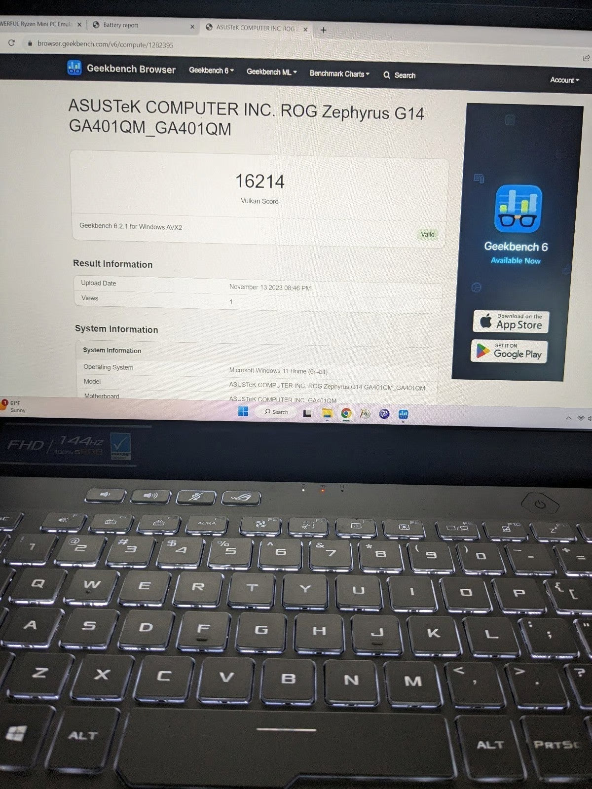 ASUS ROG Zephyrus 14"" 144Hz Gaming Laptop Ryzen9 5900HS 16GB 1TB RTX 3060 Win11 1A56