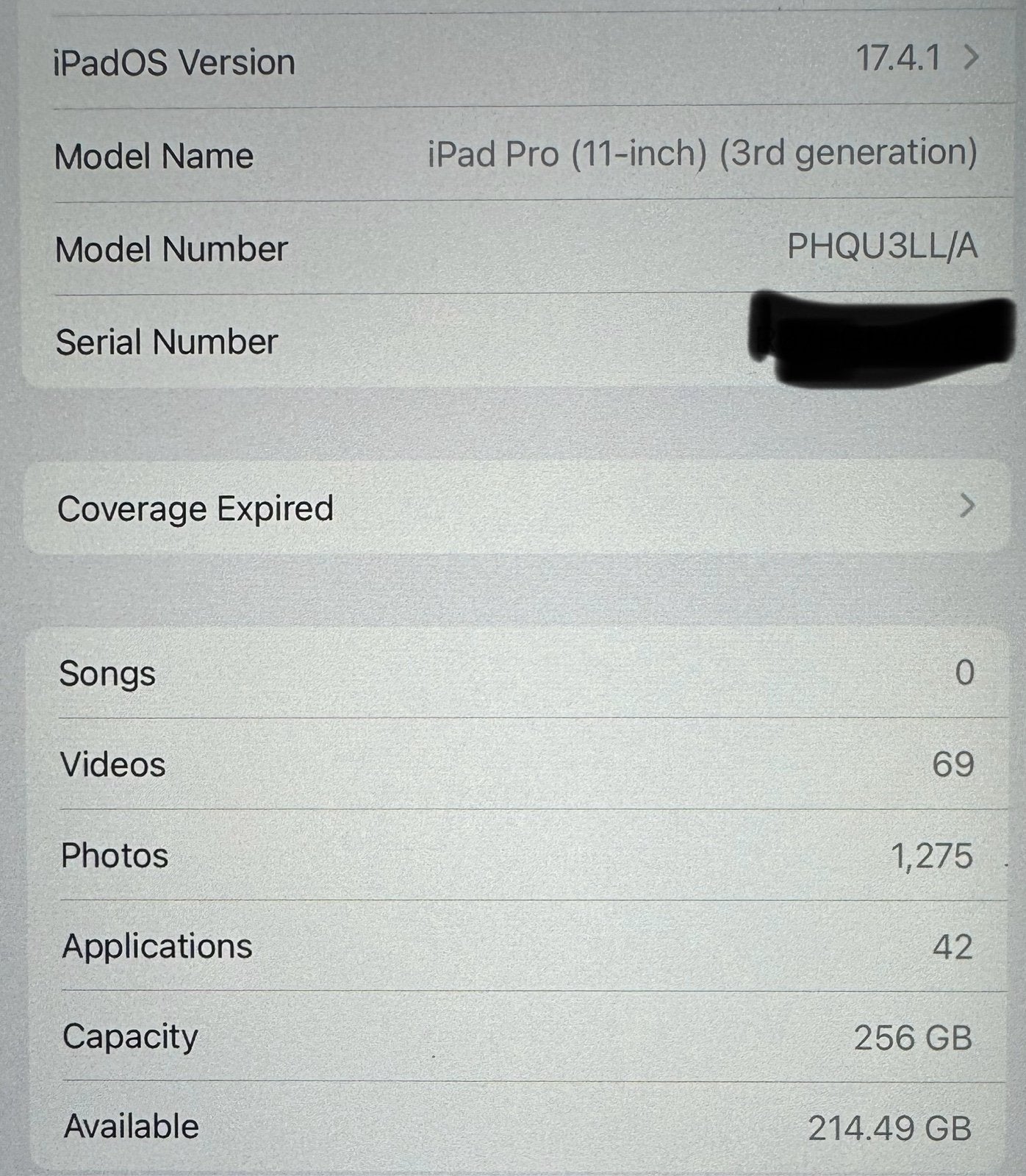 256 gb Space Gray iPad Pro 11 inch WiFi 6S95