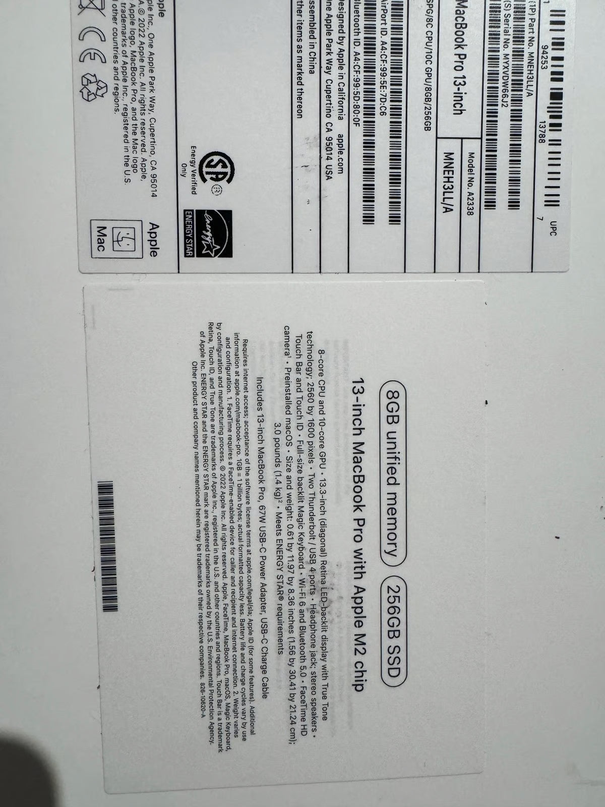 Apple Macbook Pro 13in.  M2 3.49 GHz  256GB SSD 6S96