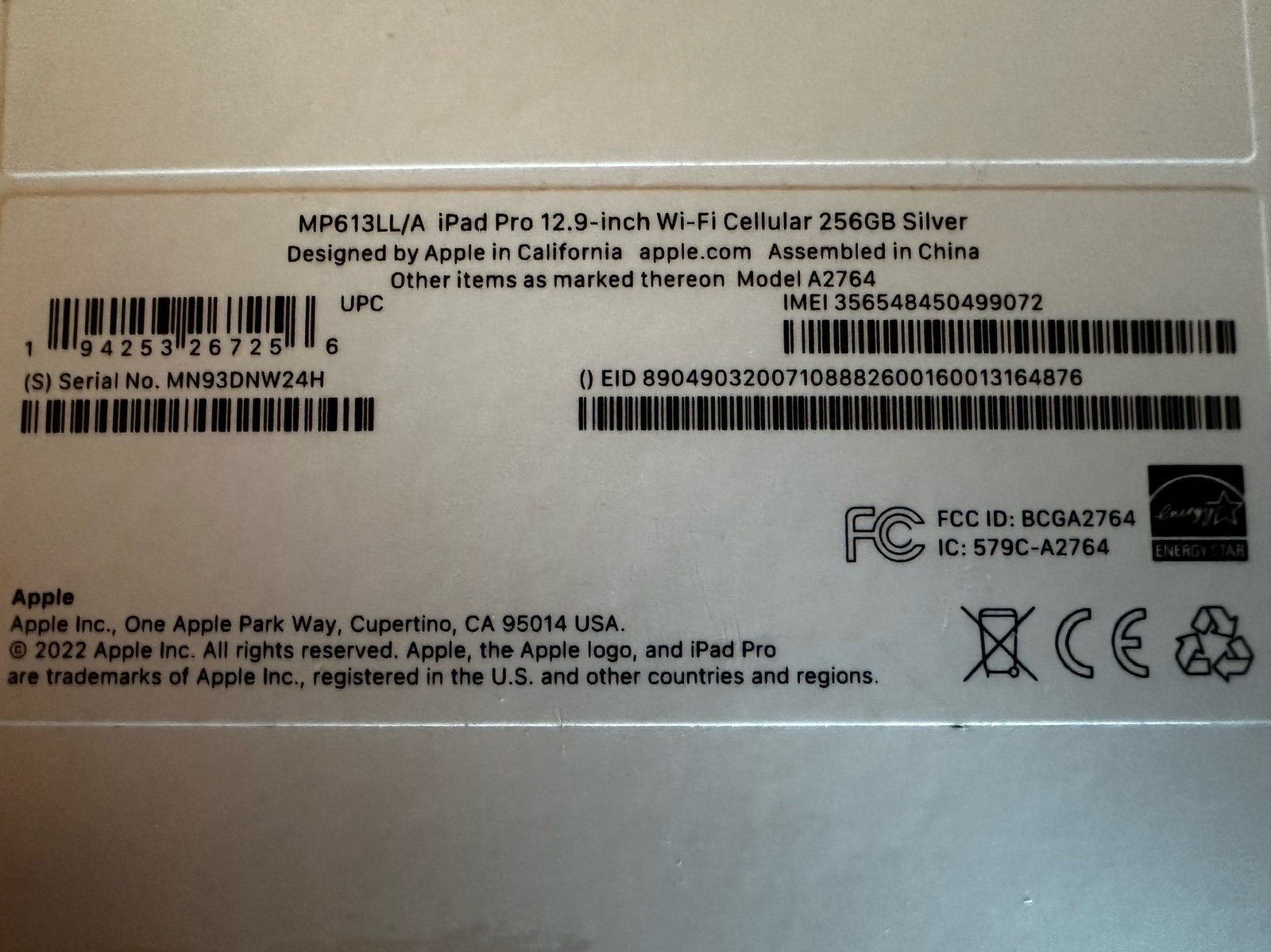 Apple iPad Pro 12.9 6th Gen 256GB Wifi + Cellular 3E21