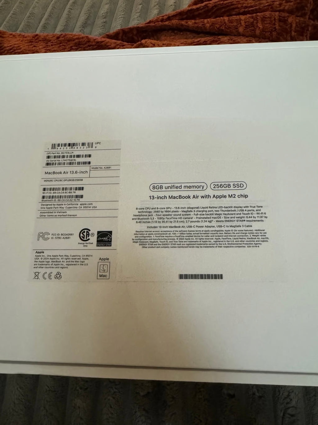 Brand new 2024 13 inch MacBook Air Midnight 8 GB 2W86