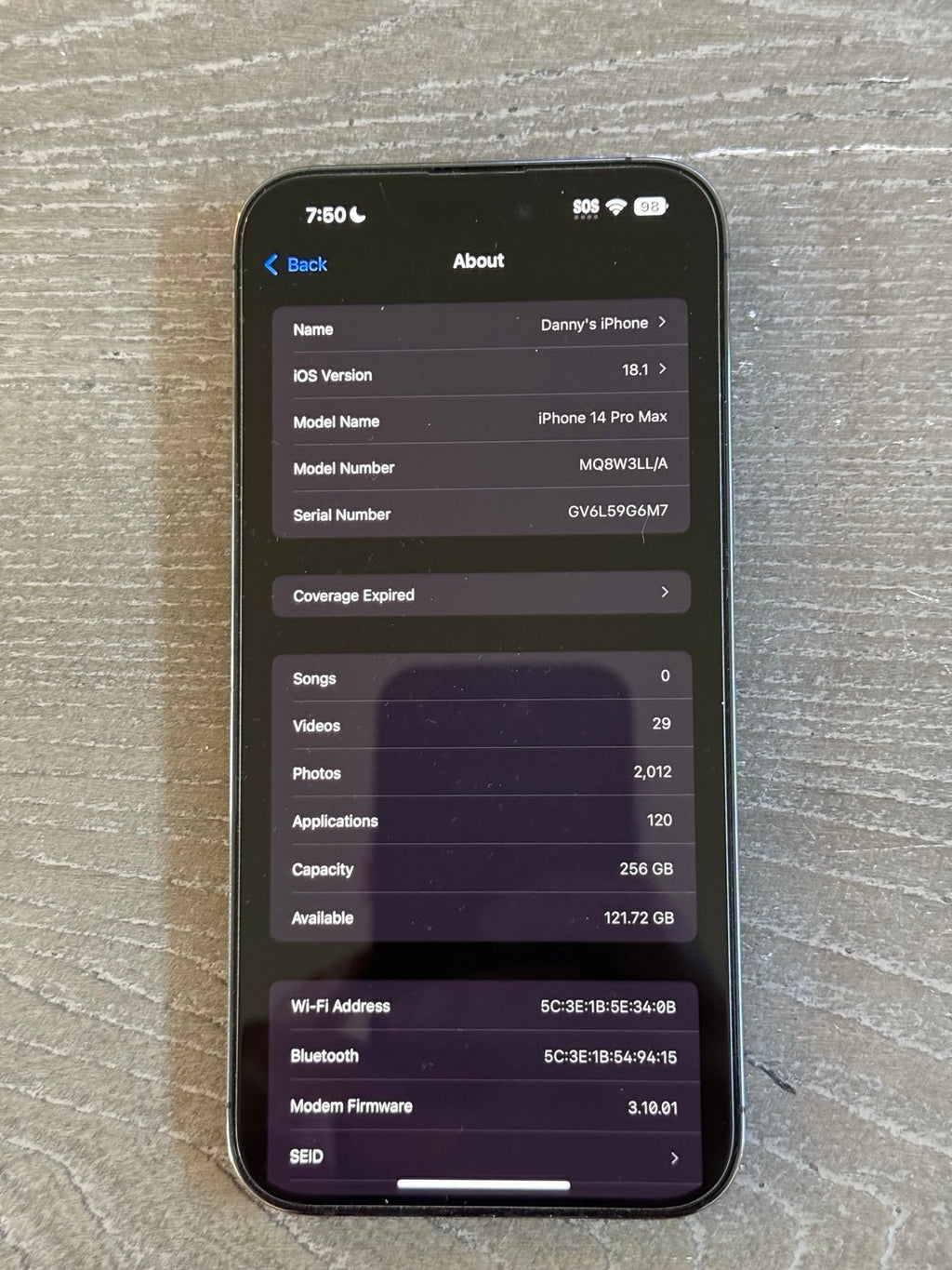 UNLOCKED Apple iPhone 14 Pro Max 256 GB Deep Purple MQ8W3LL/A Used 6V19